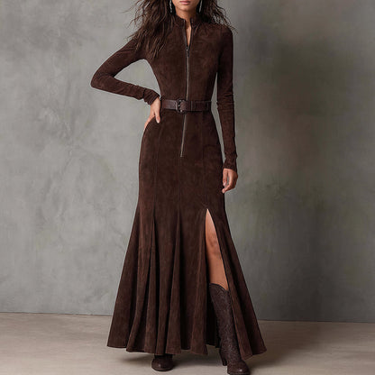 Women’s Winter Long-Sleeve Maxi Dress with Front Slit