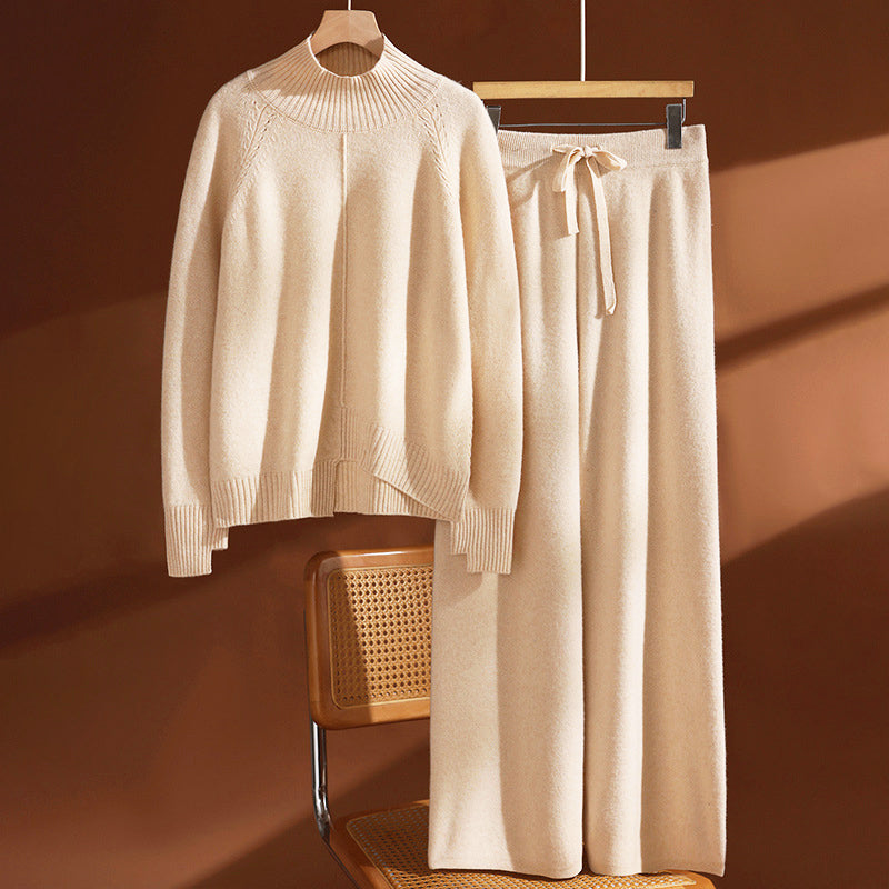 Women’s Wool Knit Set with High Neck Sweater and Pants