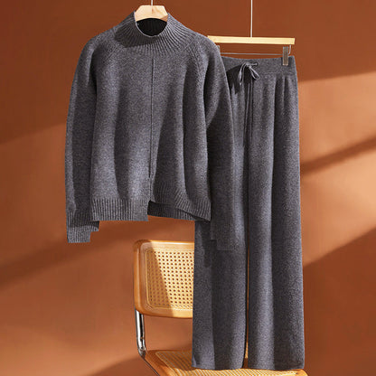 Women’s Wool Knit Set with High Neck Sweater and Pants