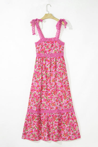 Rose Floral Lace Tied Strap Empire Waist Maxi Dress