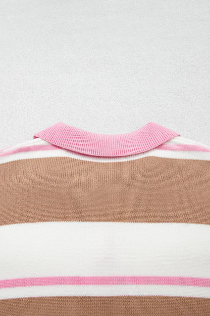 Pink Stripe Striped Colorblock V Neck Long Sleeve Tunic Sweater