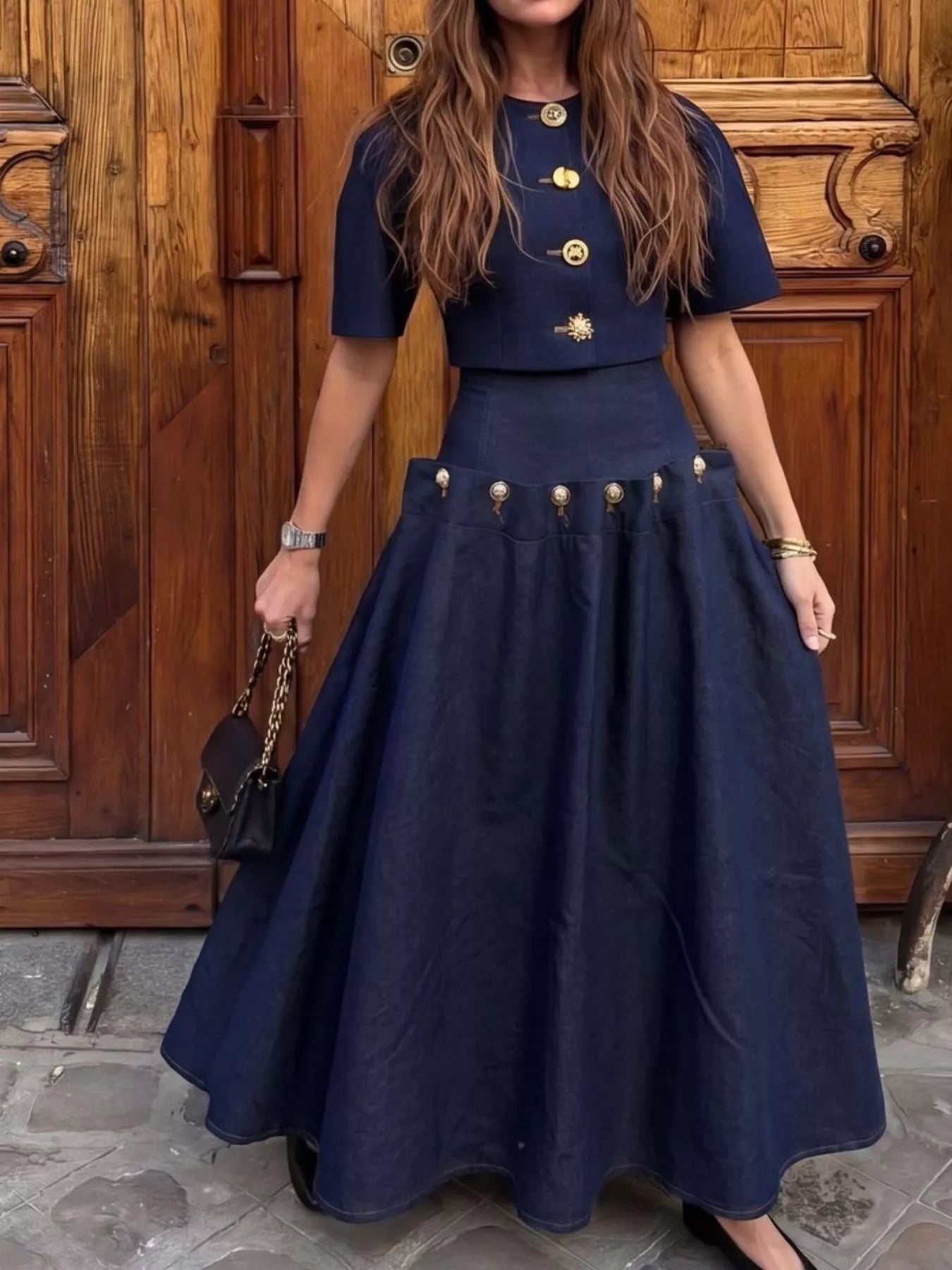 Gold Button Top and Skirt Denim Set