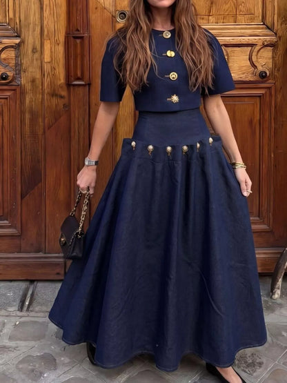 Gold Button Top and Skirt Denim Set