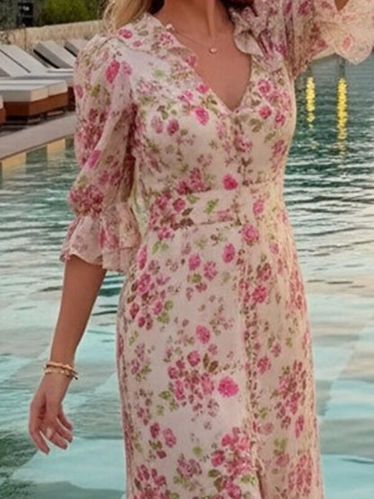 Full Size Ruffled Button Front Half Sleeve Dress Plus Size