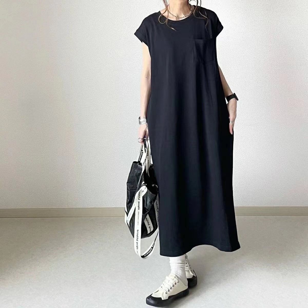 Simple Cotton Short Sleeves Maxi Dress