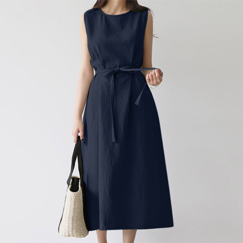 Casual Sleeveless Belted Cotton Dress