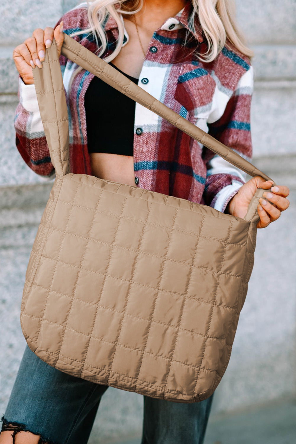 Blue Zone Planet | Light French Beige Quilted Zipper Large Shoulder Bag