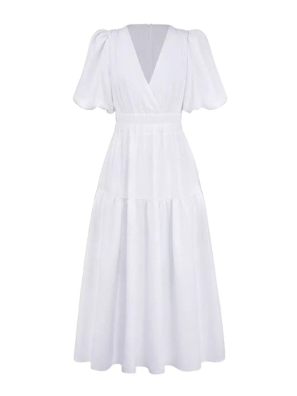 Elegant Puff Sleeve V-Neck Midi Dress
