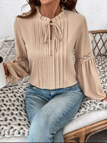 Blue Zone Planet | Perfee Frill Tie Neck Long Sleeve Blouse