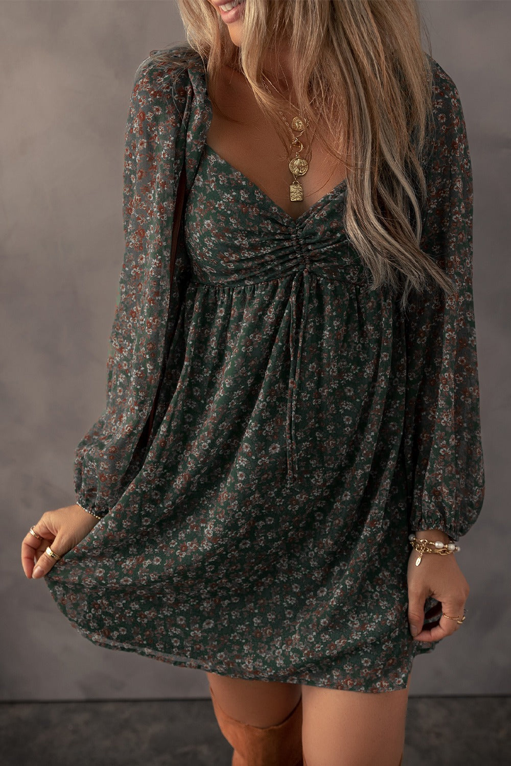 Blue Zone Planet | Ruched Printed Long Sleeve Mini Dress