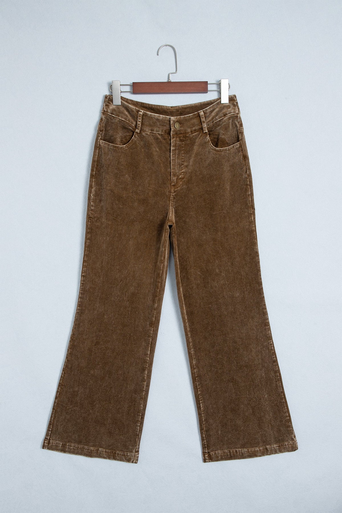 Camel Straight Leg Corduroy Metal Button Zip-up Pants