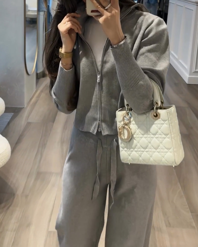 Casual Comfortable Solid Color Knitted Jacket & Pants Two-Piece Set