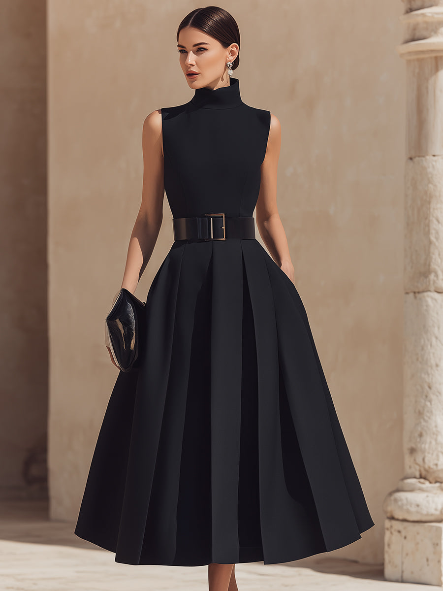 Belted High-Neck Pleated Midi Dress