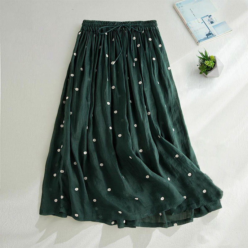 Polka-dot cotton and linen double-layer skirt