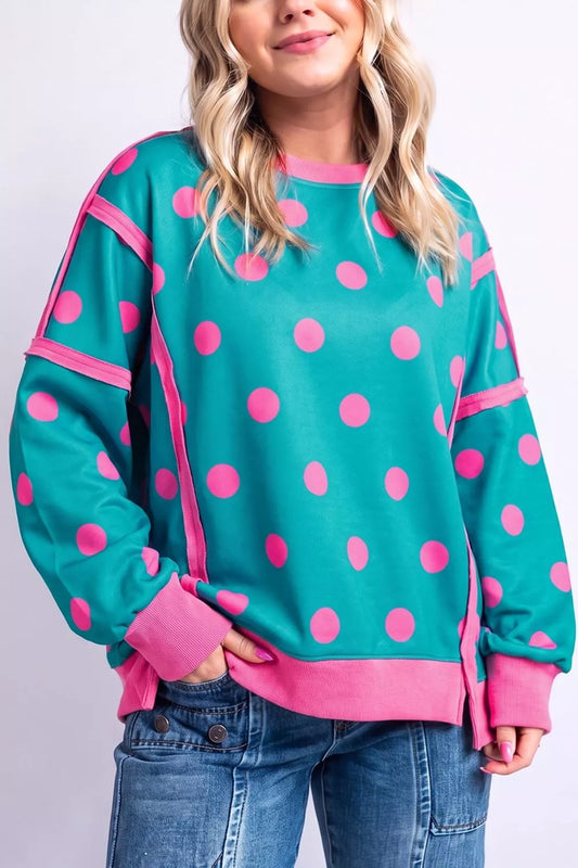 Polka Dot Contrast Patchwork Round Neck Baggy Sweatshirt