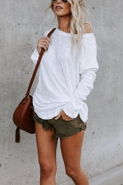 Rosiedress Solid Long Sleeves Cozy T-shirt White