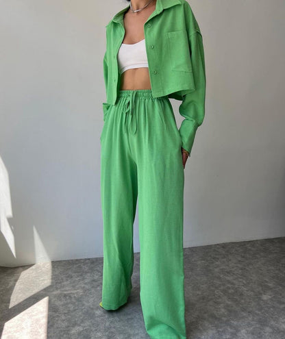 Solid Color Long Sleeves Shirt & Drawstring Pants Suit