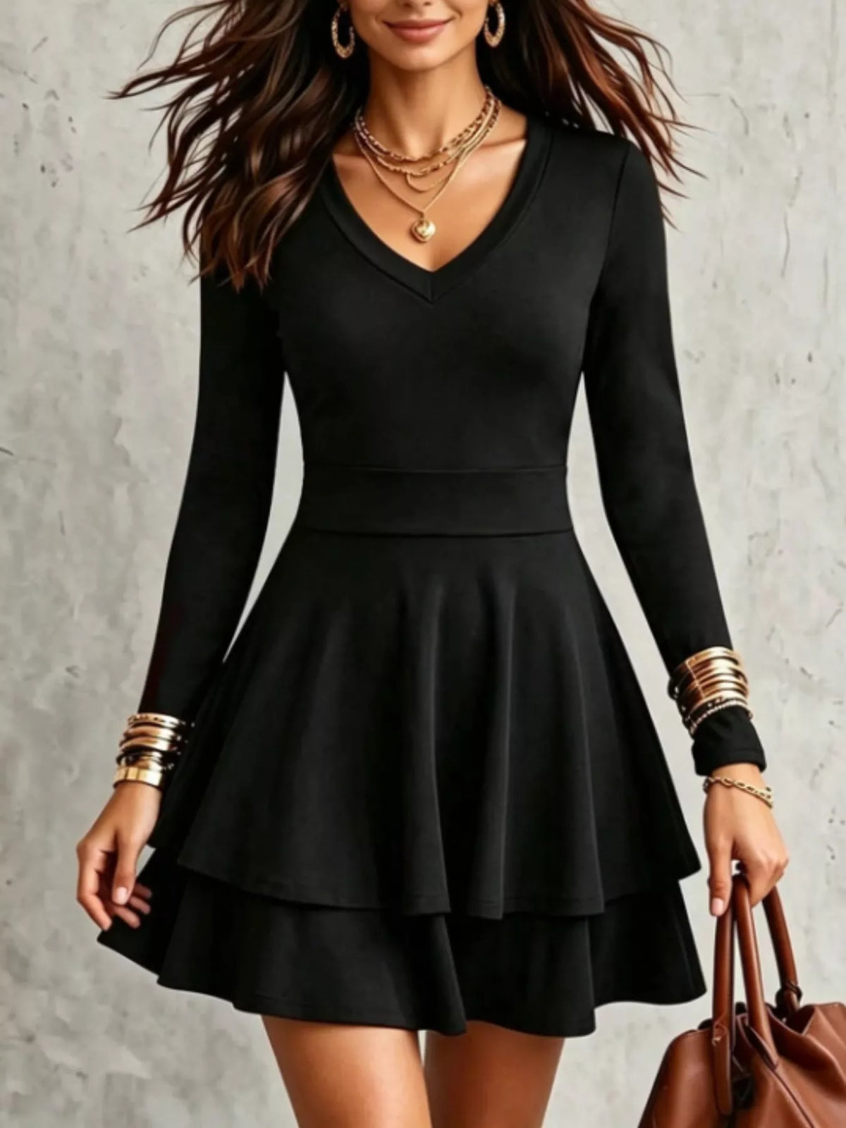 V-Neck Long Sleeve Layered Ruffle Mini Dress
