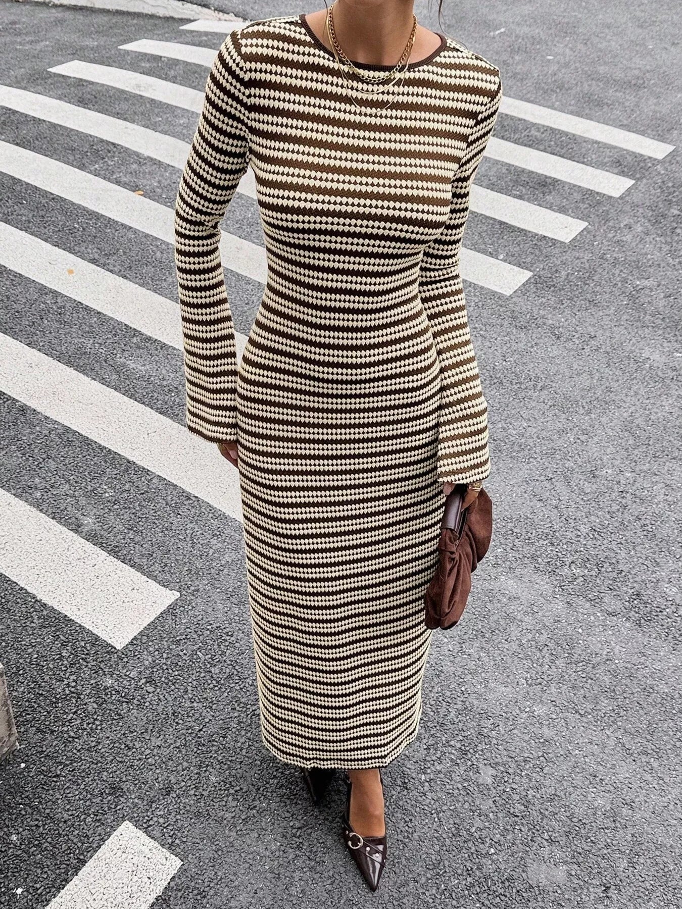 Striped Flared Sleeves Sweater Dress