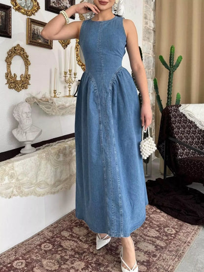 Sleeveless A-Line Denim Midi Dress