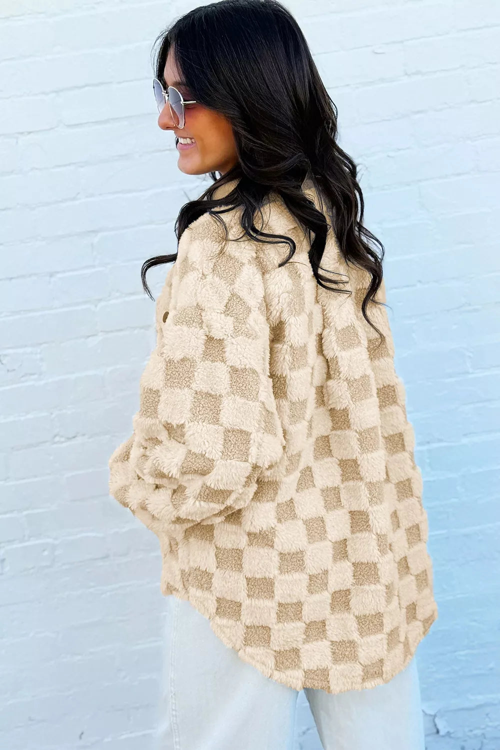 Plush Checkered Corduroy Trim Metal Button Long Sleeve Shift Silhouette Shacket
