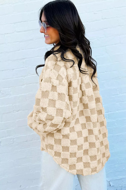 Plush Checkered Corduroy Trim Metal Button Long Sleeve Shift Silhouette Shacket