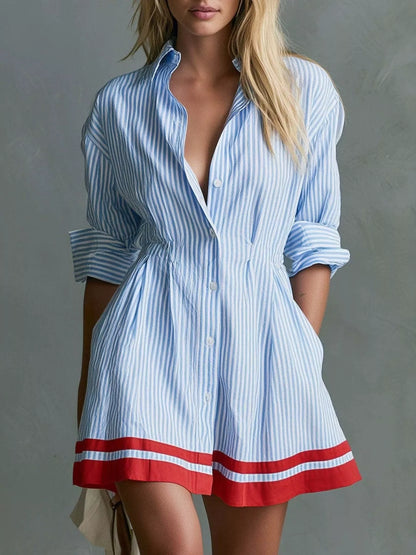 Striped Button-Down Shirt Dress with Contrast Hem