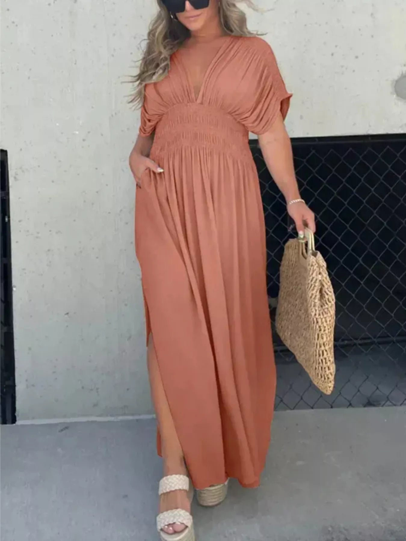 Full Size Slit V-Neck Smocked Waist Maxi Dress Plus Size