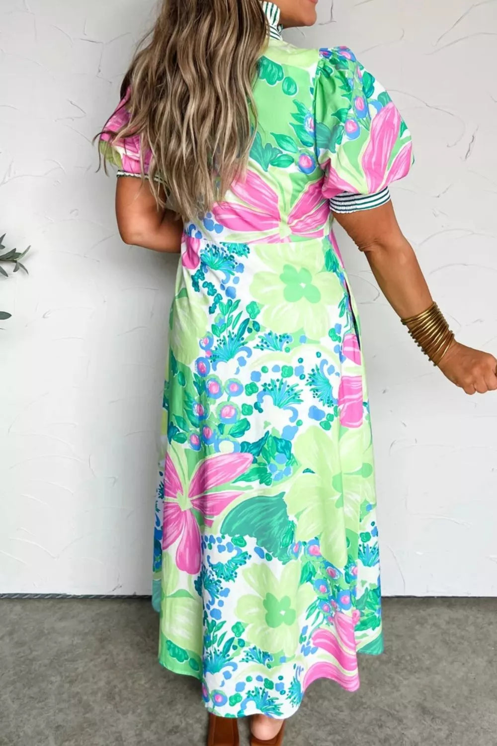Floral Print Button-Up Midi Dress with Puff Sleeves