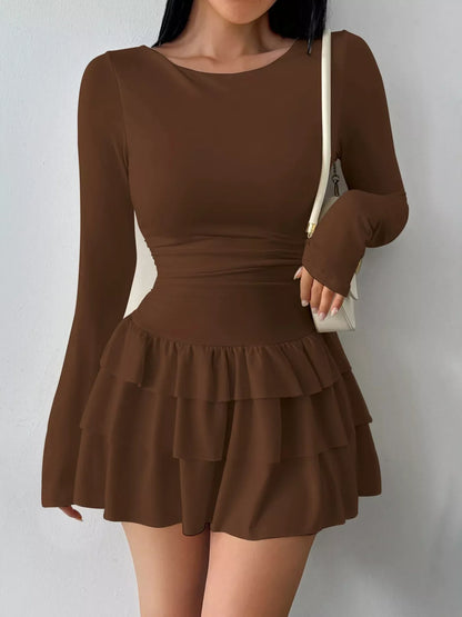 Elara's Ruched Long Sleeve Layered Ruffle Mini Dress