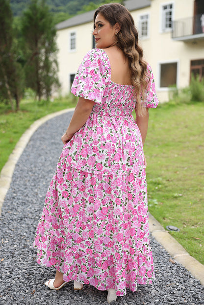 Blue Zone Planet | Pink Plus Size Floral Print Smocked Puff Sleeve Dress