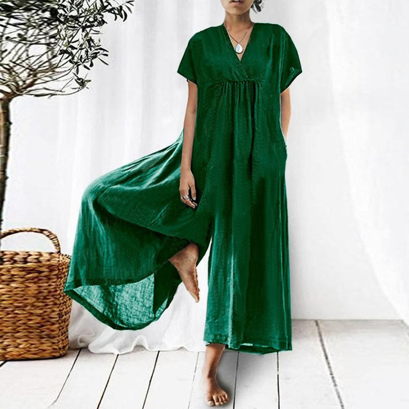 Loose V-neck Long Short Sleeves Jumpsuit