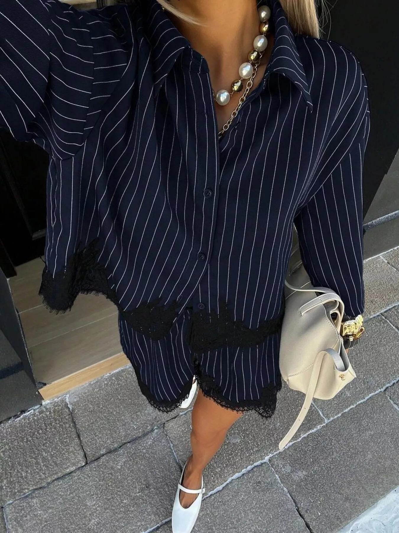 Lace Trim Striped Button-Down Shirt and Shorts Set