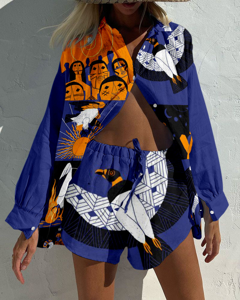 Flying bird print two-piece set