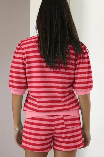 Striped Round Neck Top and Shorts Set