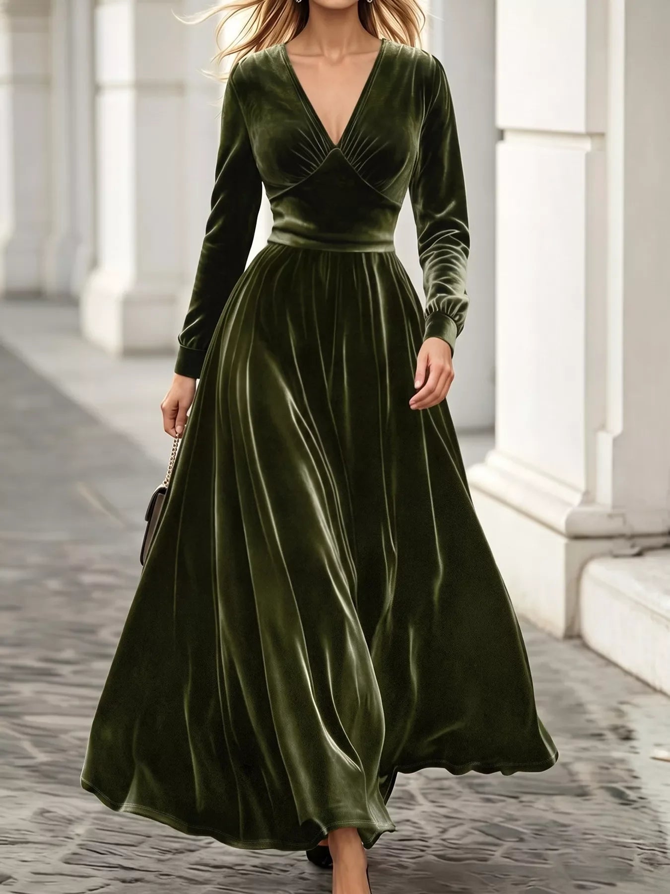Plus Size V-Neck Long Sleeve Velvet Maxi Dress