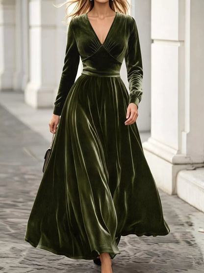 Plus Size V-Neck Long Sleeve Velvet Maxi Dress