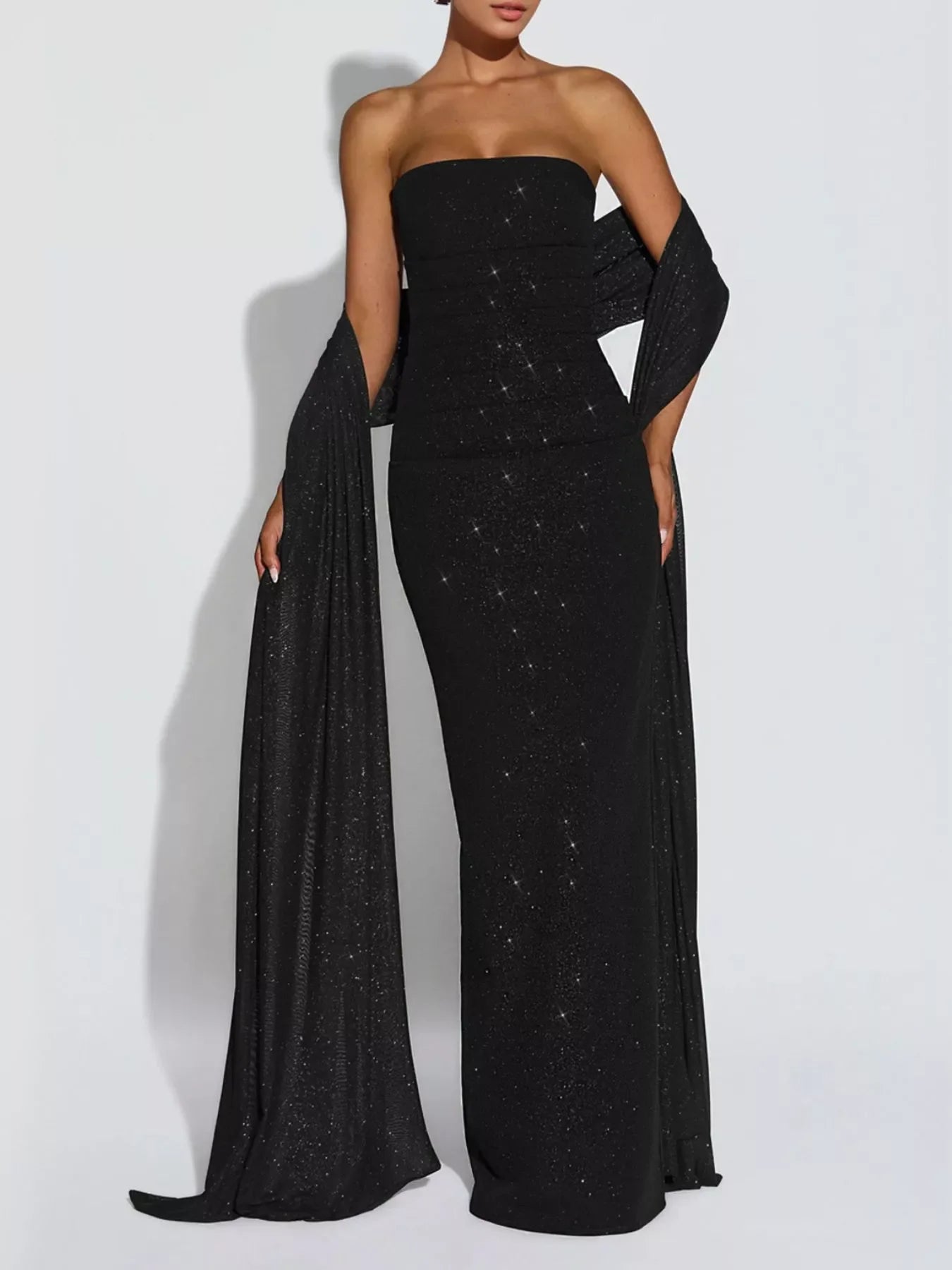Slit Glitter Tube Maxi Dress with Scarf