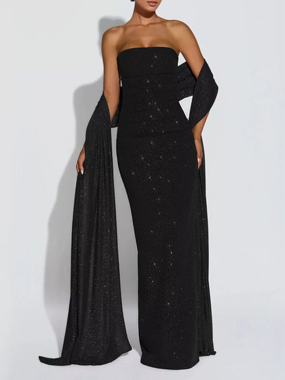 Slit Glitter Tube Maxi Dress with Scarf