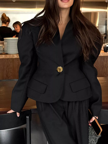 Puffy Sleeve Blazer and Wide-Leg Pants Set
