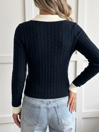 Cable Knit Contrast Collar Sweater