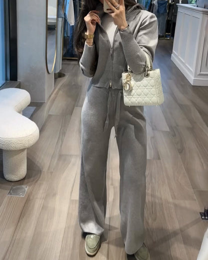 Casual Comfortable Solid Color Knitted Jacket & Pants Two-Piece Set