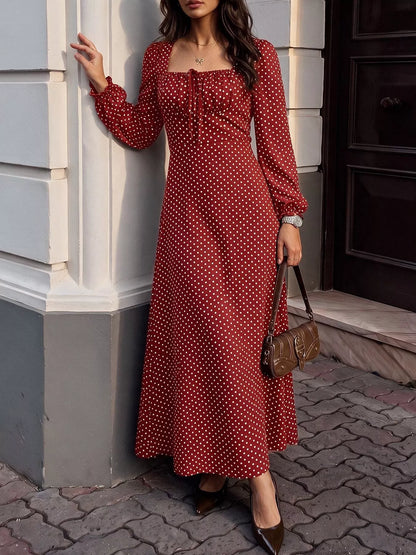 Square Neck Polka Dot Long Sleeve Maxi Dress