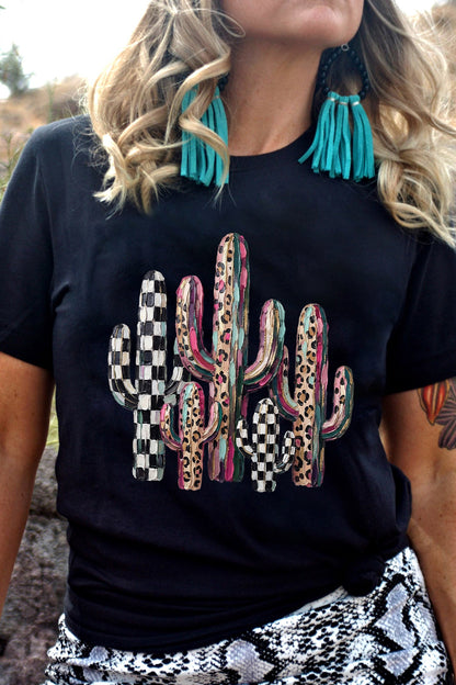 Black Mixed Pattern Cactus Graphic Print Relaxed T-Shirt