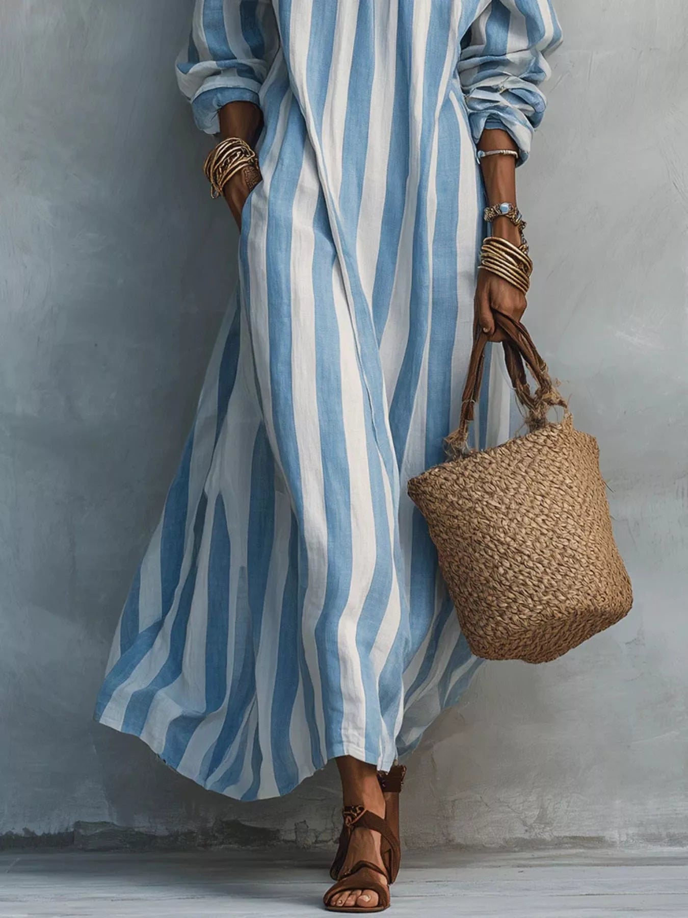 Off-Shoulder Striped Dress with Pockets