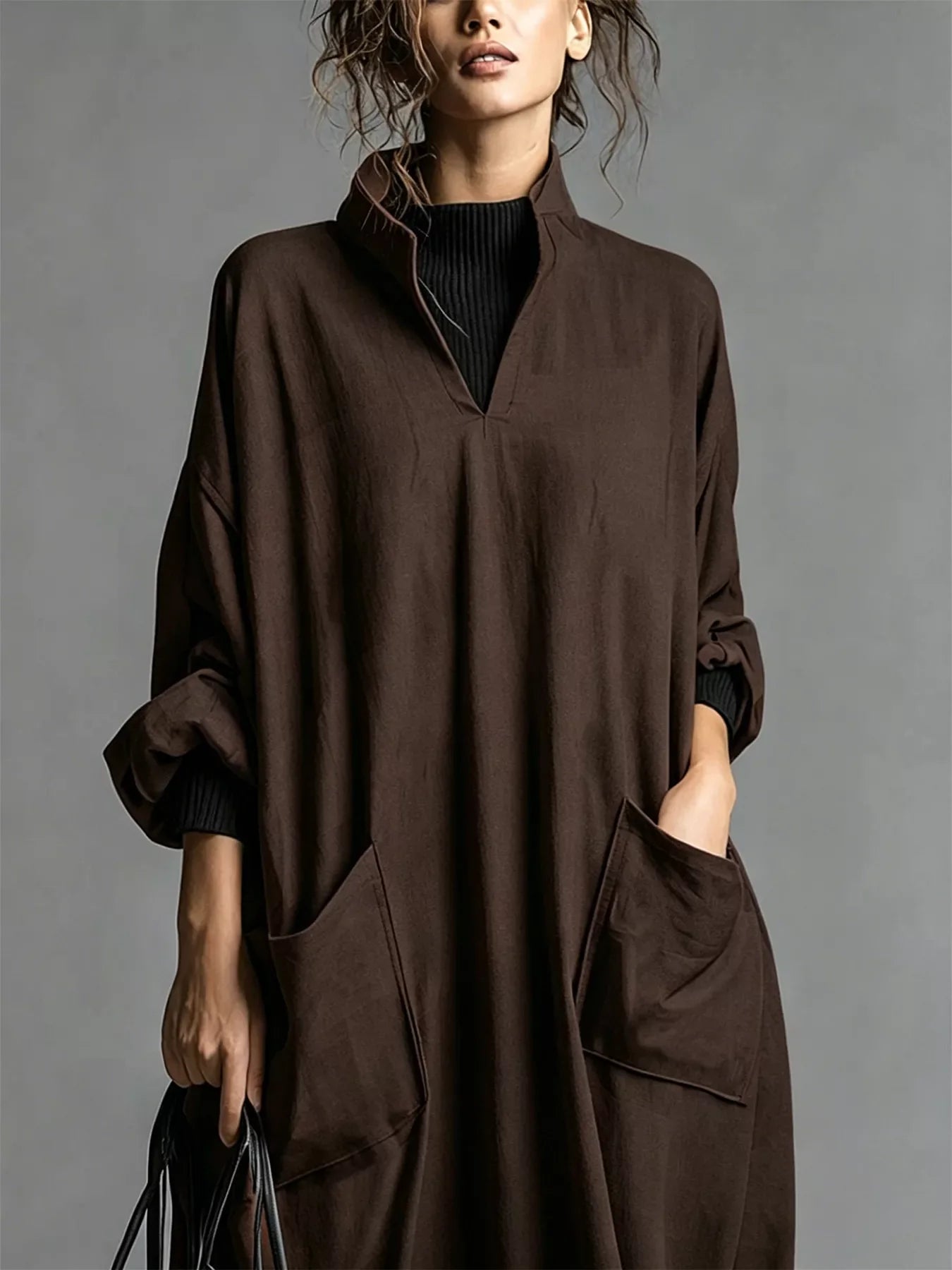Full Size Loose-Fit Mock Neck Midi Dress with Pockets Plus Size