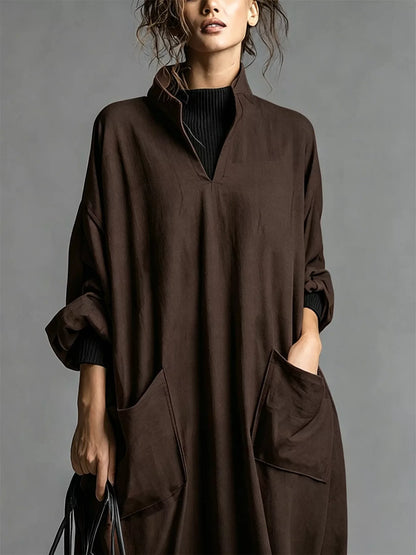 Full Size Loose-Fit Mock Neck Midi Dress with Pockets Plus Size
