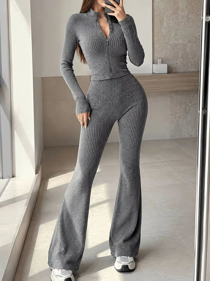 Ribbed Zip-Up Cardigan and Pants Knit Set
