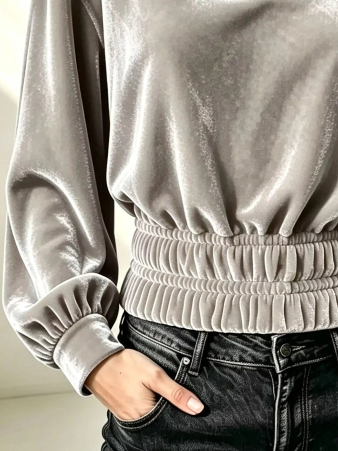 Velvet Johnny Collar Long Sleeve Blouse