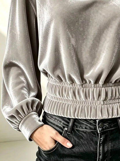 Velvet Johnny Collar Long Sleeve Blouse